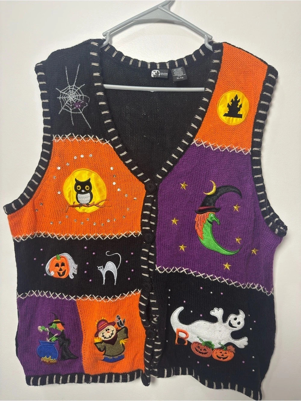Vintage Teacher HALLOWEEN Party Women’s Witch Sweater Patchwork Vest Pumpkin XL